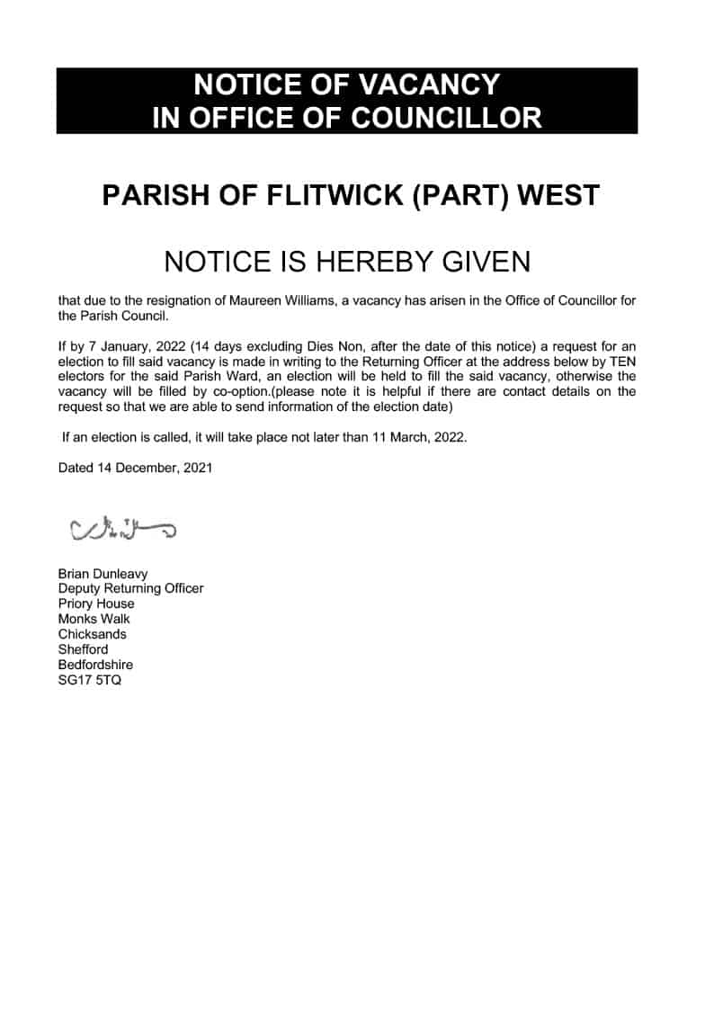 Notice of Councillor Vacancy - Flitwick Town Council