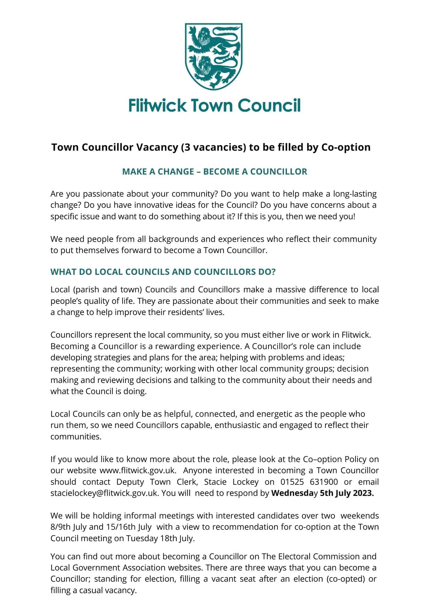 TOWN COUNCILLOR VACANCY (3) - GET INVOLVED WITH YOUR LOCAL COMMUNITY ...