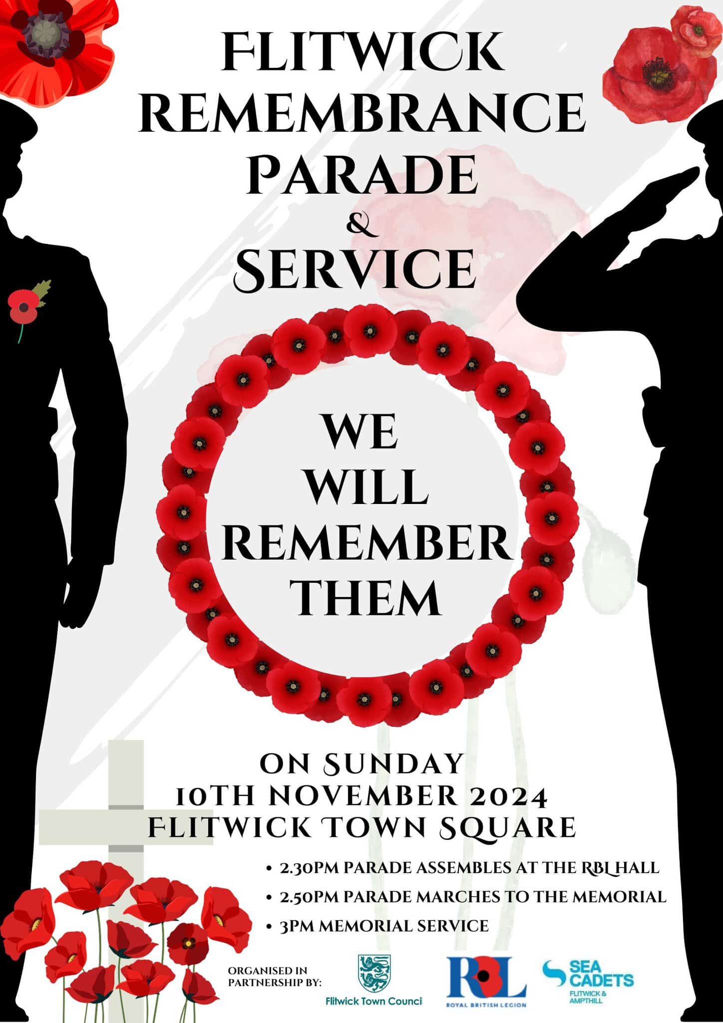 POSTER WITH BLACK SOLIDIER SILLOHUETE AND RED POPPIES FOR REMEMBRANCE SERVICE AND PARADE