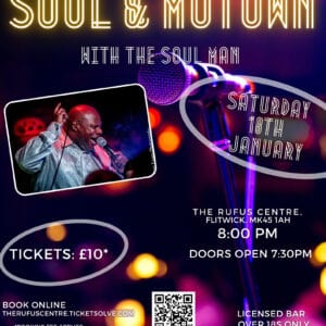 Purple poster advertising Soul and Motown with the Soul Man