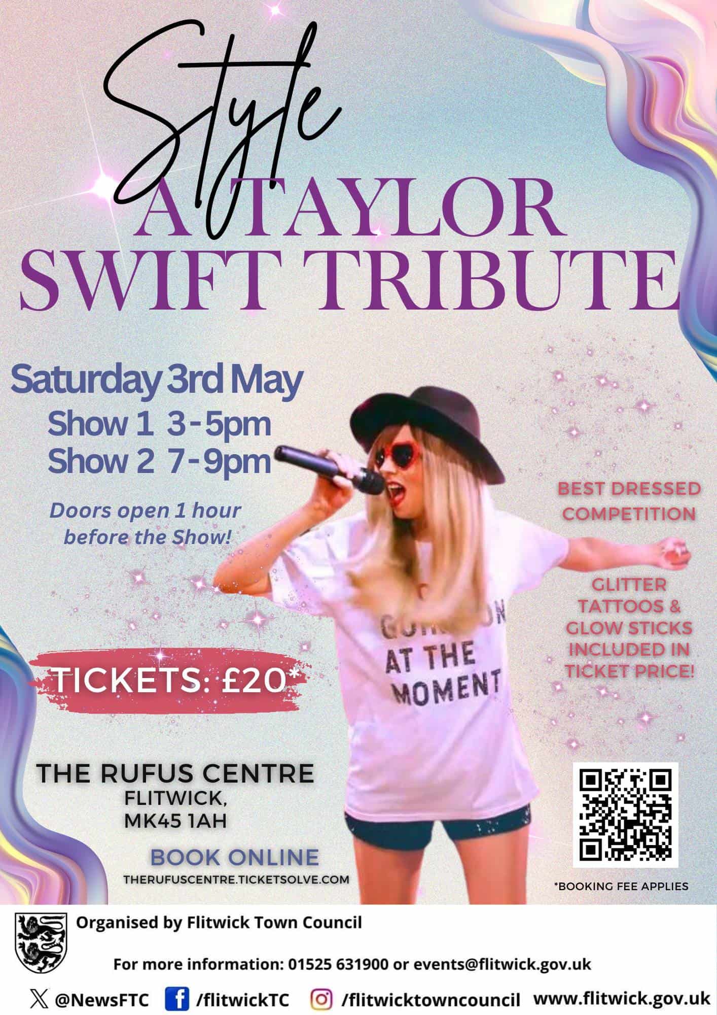 Blue, pink and purple poster advertising Taylor Swift tribute