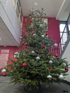 christmas tree with red and silver baubles